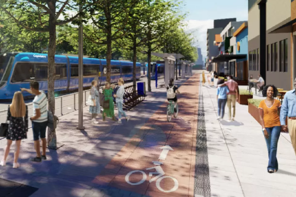 Rendering of blue light rail train and people walking around train station in Austin, Texas
